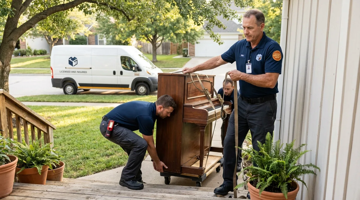 Licensed piano movers securing grand piano in Wellsburg, WV
