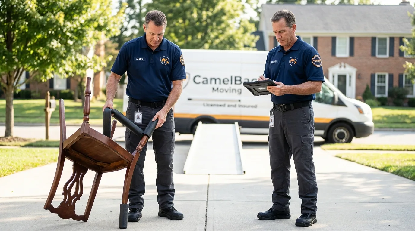 Movers inspecting furniture for damage prevention before loading in Wellsburg, WV